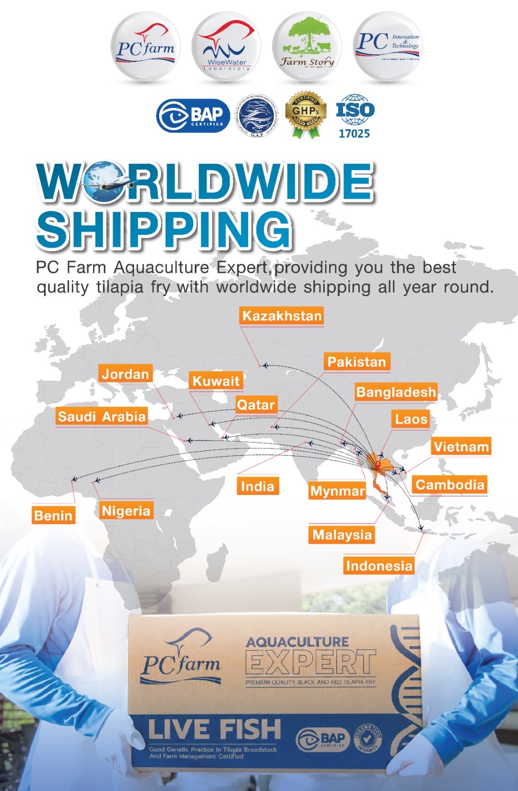PC Farm Thailand worldwide shipping map: live tilapia fry flown from Thailand to Saudi Arabia, Jordan, Kuwait, Qatar, Kazakhstan, Pakistan, India, Bangladesh, Myanmar, Laos, Vietnam, Cambodia, Malaysia, Indonesia, Benin and Nigeria